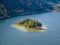 Tilt shift image of an island in the Schliersee lake in autumn