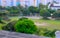 Tilt-shift lens photography miniature effect. Aerial view of neighbourhood public park in HDB heartland estate Singapore