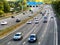 Tilt shift photo of the M25 London Orbital Motorway near Junction 17 in Hertfordshire, UK