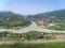 Tilt-Shift Photo of the town of Mtskheta, Georgia. Top view on the confluence of rivers. The confluence of two rivers.