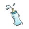 Tilted blue baby bottle with pacifier and flying milk drops. Cartoon doodle icon on white background. Isolated symbol of newborn