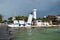 Tilted Faro Inclinado lighthouse in Puerto Morelos at the Malecon wooden pier on the Yucatan Peninsula in Mexico