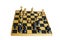 Tilted shot of a chess game in progress against a white background