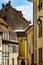 Timber-framed traditional houses in Colmar, Alsace, street view, sunny day