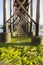 Timber piles of wooden pedestrian bridge above the ocean