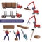 Timber processing industry. Special equipment and workers. Icon set