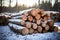 Timber in snow Woodpile of sawn pine tree trunks outdoors