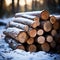 Timber in snow Woodpile of sawn pine tree trunks outdoors
