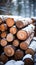 Timber in snow Woodpile of sawn pine tree trunks outdoors