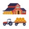 Timbered Red Barn or Granary for Crop Storage and Tractor with Bale of Hay Vector Set