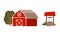 Timbered Red Barn or Granary for Crop Storage and Well with Pure Water Vector Illustration Set