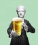 Time for beer. Contemporary art collage with antic statue holding beer glass with lager cold foamy beer. Concept of