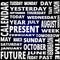 Time and calendar word cloud scribble style text on blue background