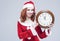 Time and Christmas Holiday Concept. Portrait of Smiling and Gleeful Red-Haired Santa Helper