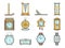 Time and clocks signs set. Watch icons. Flat line style illustrations isolated. From retro to modern collection. Classic