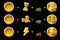 Time, coin and energy golden bonus constructor icons for game.