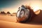 Time concept, clock in desert, surreal landscape with sand and moving clock, generative AI