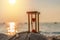 Time concept Hourglass and Starfish on sandy beach in summer with sea background