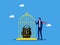 Time control. Businessman locks a clock in a birdcage. business concept