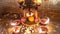 At The Time Of Diwali, For Lakshmi Worship, The Kept Sweets And `Diyas` Lamps. Background Blur.