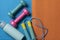 Time for exercising sport equipment with yoga mat background