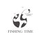 Time is fishing logo design. happy holiday and have fun logo concept. individual hobby, person, moon and fish, sea, island, water,