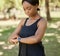 Time, fitness or black woman in nature with a smartwatch to monitor heart health in training, exercise or park workout