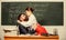 Time for games. Sensual teacher and student play sex games in class. Sexy couple of sexi woman and bearded man enjoying