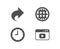 Time, Globe and Share icons. Video content sign. Office clock, Internet world, Link. Browser window.