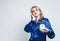 Time Ideas. Dreaming Caucasian Blond Girl Posing With Clock Against White