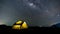 Time laps of milky way moving across mountain above camping tent