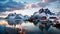 time-lapse A city of calm waters in front of icebergs shrouded under an orange and blue sky