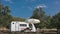 Time lapse of clouds moving over camper camping . Traveling by motor home. Caravan vacation.