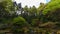 Time lapse of clouds over waterfall with lush green trees and plants in Portland Japanese Garden Spring season 4k