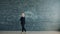 Time-lapse of female professor walking near chalkboard looking at formulas thinking