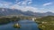 Time lapse of Lake Bled, island and castle in the middle of the day