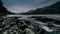 Time lapse shot of a river near mountain forest. Huge rocks and fast clouds movenings.