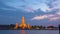 Time lapse sunset at large illuminated temple Wat Arun ratchawararam.