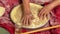 Time-lapse video of woman puts dough on the tray and prepares baklava. Then cut the raw baklava with diamond shape.