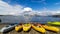 Time lapse of white clouds and blue sky over Seattle downtown city skyline and Alki Beach in WA state 4k uhd