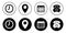 Time, location, date, and call icon vector in black circle. Clock, address, calendar, and telephone sign symbol