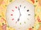 Time for lunch. Assorted pizza with conceptual vector watch with stylized clock hands like spoon and fork.