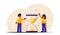 Time management concept. People stand near the hourglass. Modern flat vector illustration.