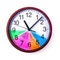 Time management concept: Round clock with a colored dial and action plan for a day on a white background.