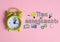 Time management concept - round clock on a pink background with the inscription and icons