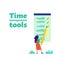 Time management concept. Woman holds yellow pencil standing near big to do list. Time management tools text. Flat style stock