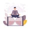 Time management illustration. Illustration of a man meditating on a lying hourglass.