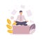 Time management illustration. Illustration of a man meditating on a table. Illustration of a man sitting in a lotus