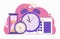 Time management. Planning. Clock, hourglass, alarm clock, calendar and stopwatch. Web banner. Flat illustration