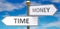 Time and money as different choices in life - pictured as words Time, money on road signs pointing at opposite ways to show that